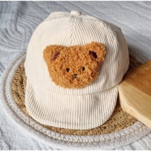 Casquette en velours côtelé avec ours en peluche - Beige