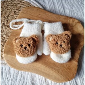 Baby Fäustlinge / Handschuhe mit Teddybär Beige